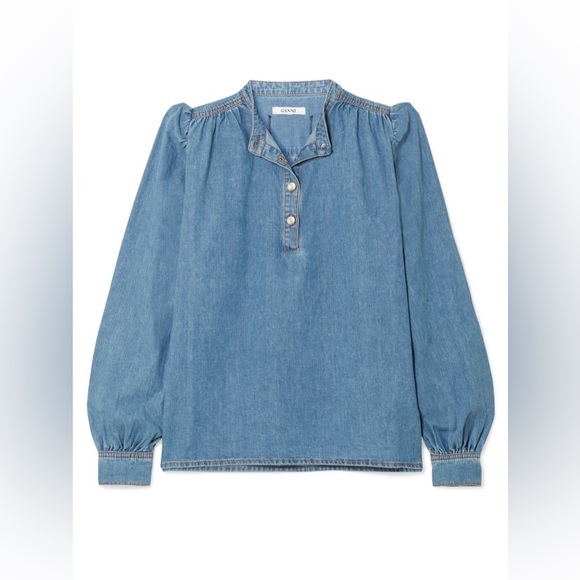 GANNI chambray Denim Top with button closure at top and cuffs, size 38